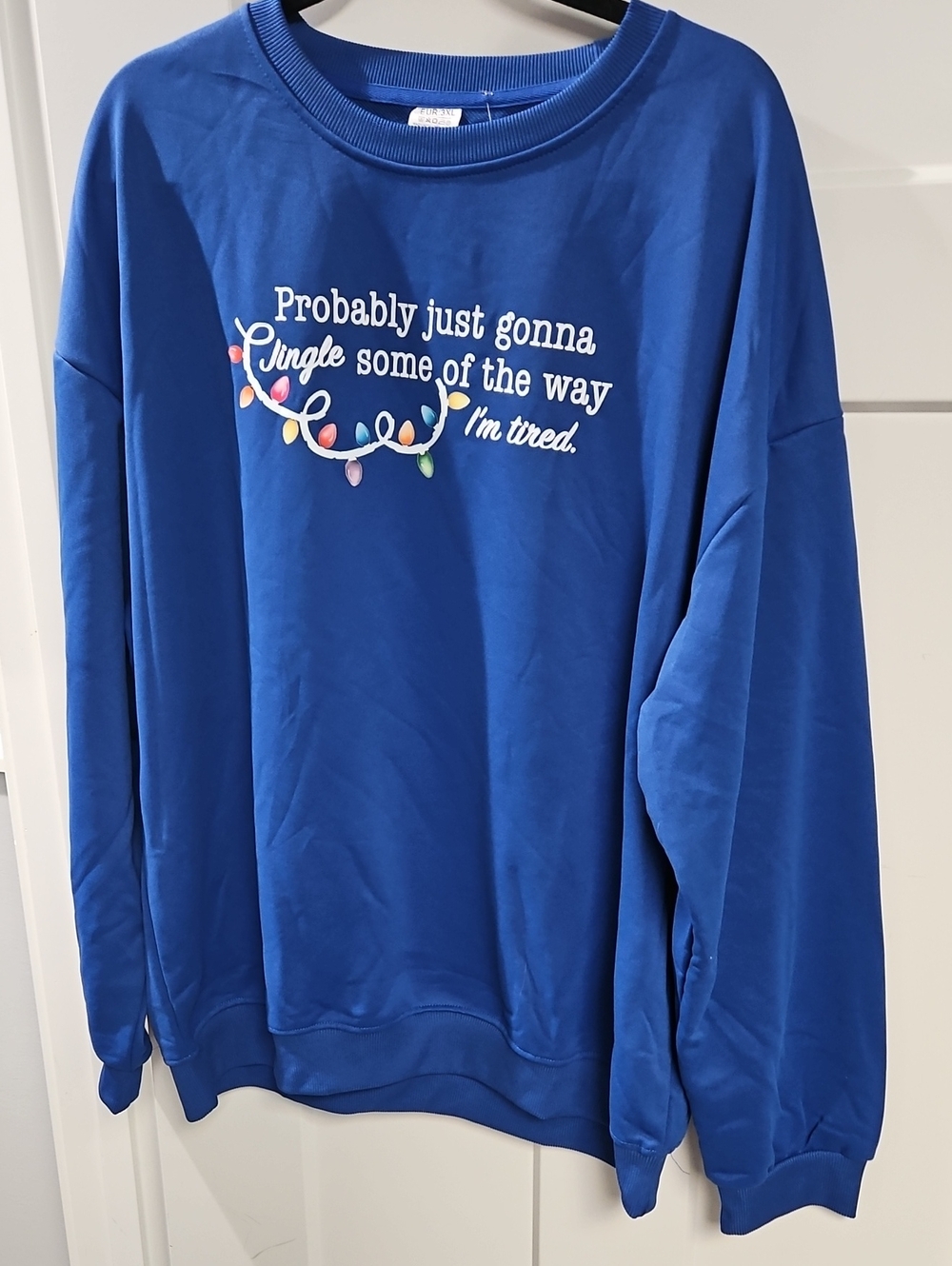 Blue Graphic Crewneck Sweatshirt with Holiday Lights